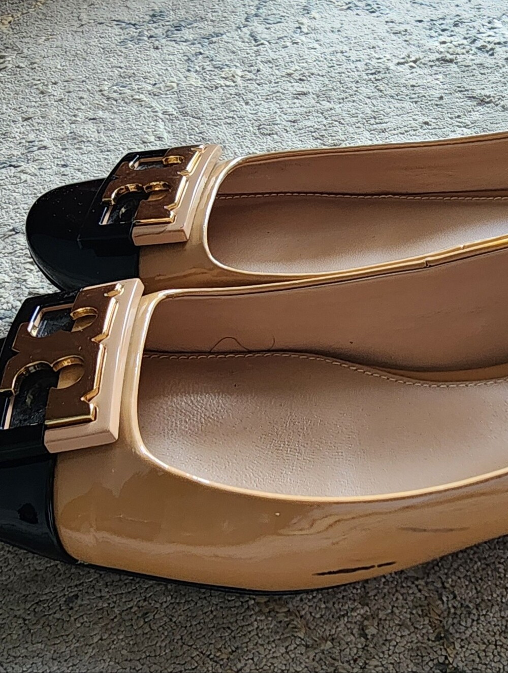 Two-Tone Beige and Black Cap-Toe Ballet Flats with Gold Accent - Picture 12 of 16
